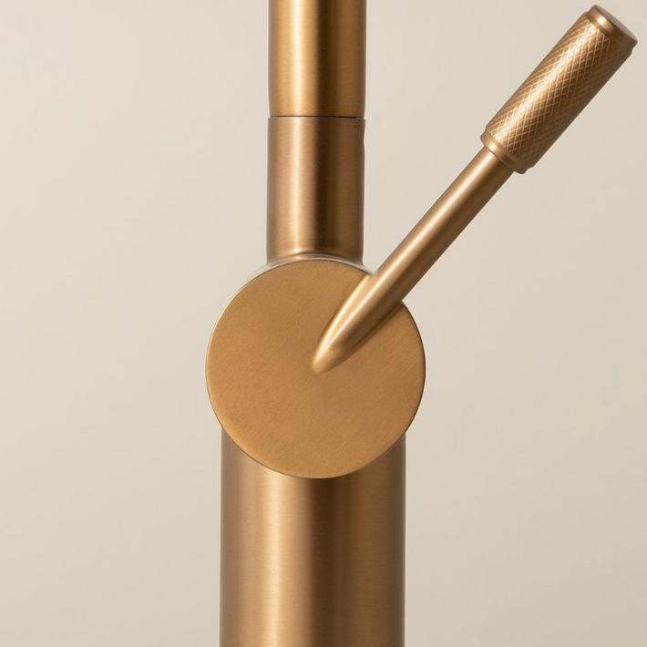 Close up image of Titan goosneck kitchen mixer tap in brass set against neutral background with the focus on the body and handle.